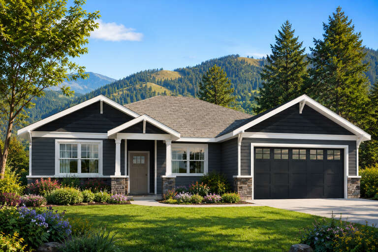 Charcoal Craftsman, Angled Front Elevation, lap and shake siding, stone base, white trim, garage, lush mountain landscape. House Plan # 035-00755 Digital Rendering by America's Best House Plans, Inc.