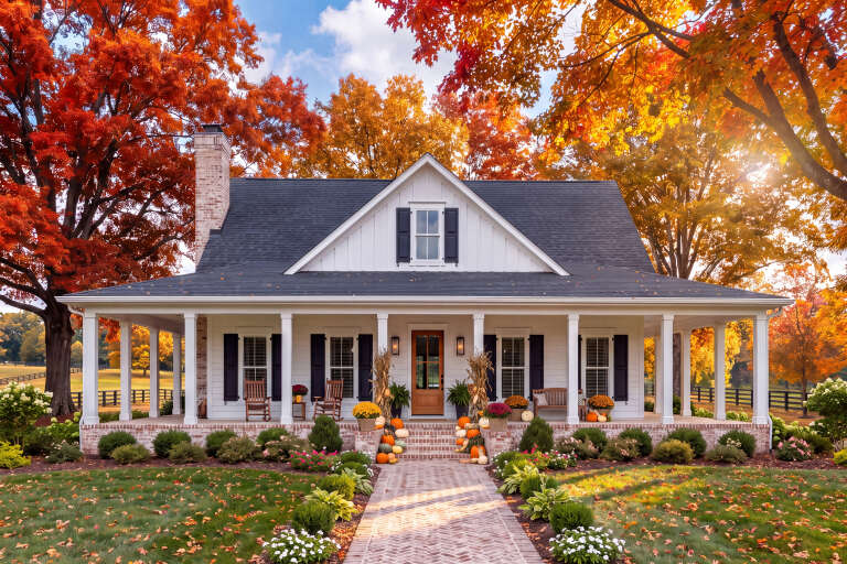 Front view of a white house in Farmhouse style, wrap-around porch, brick chimney, autumn landscaping, and black shutters. House Plan # 041-00154