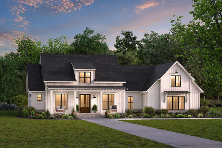 House Plan House Plan #18325 Angled Front Elevation at Dusk
