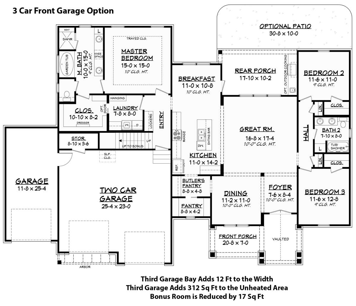 3 Car Front Garage Option for House Plan #041-00161