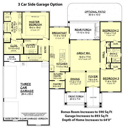 3 Car Side Garage Option for House Plan #041-00161