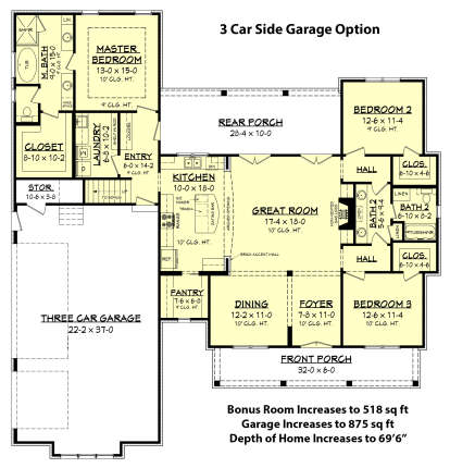Three Car Side Garage Option for House Plan #041-00168