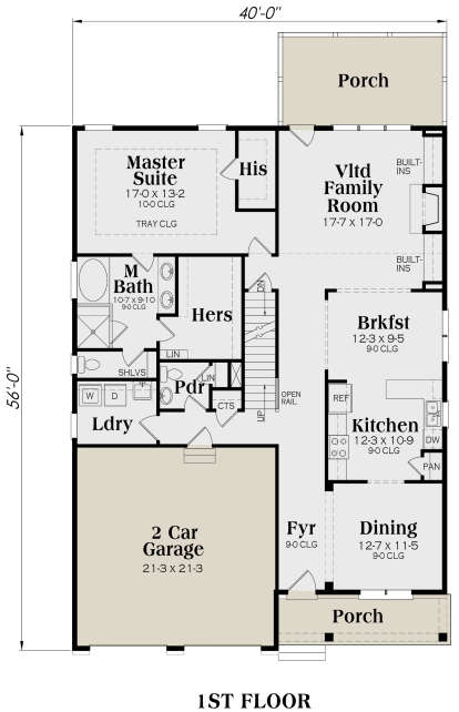Main floor with master suite, vaulted family room, kitchen, dining, laundry, powder room, and 2-car garage. House Plan # 009-00274 Main Floor Floor Plan Drawing by America's Best House Plans, Inc.