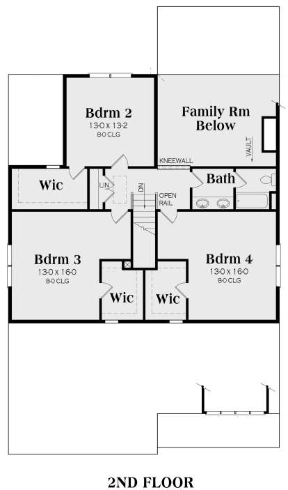 Second floor with 3 bedrooms, shared bath, multiple WICs, stairs, and open-to-below family room area. House Plan # 009-00274 Second Floor Floor Plan Drawing by America's Best House Plans, Inc.