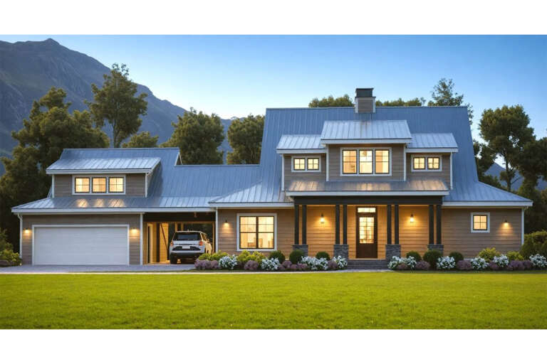 House Plan House Plan #18767 Front Elevation at Dusk