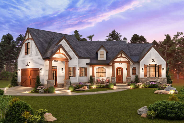 House Plan House Plan #18816 Angled Front Elevation at Dusk