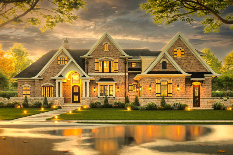 House Plan House Plan #18824 Front Elevation at Dusk