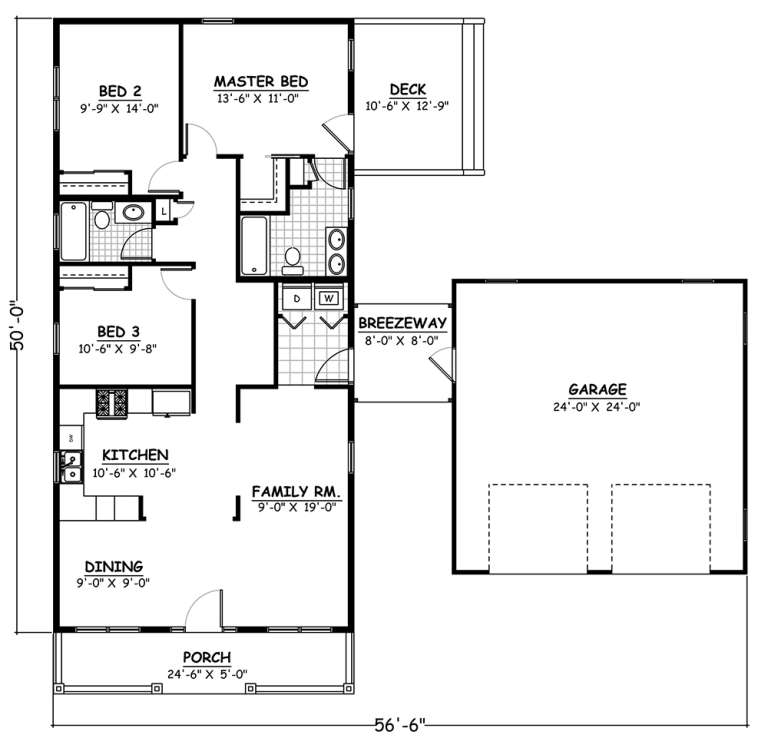 Country Plan: 1,226 Square Feet, 3 Bedrooms, 2 Bathrooms - 526-00075