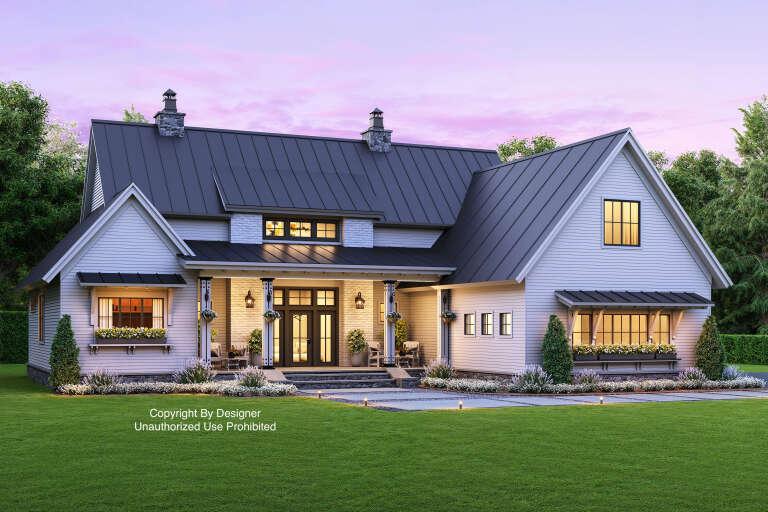 House Plan House Plan #19159 Angled Front Elevation at Dusk