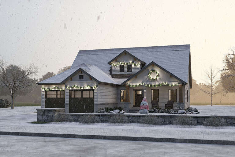 House Plan House Plan #19389 Angled Front Elevation in Winter