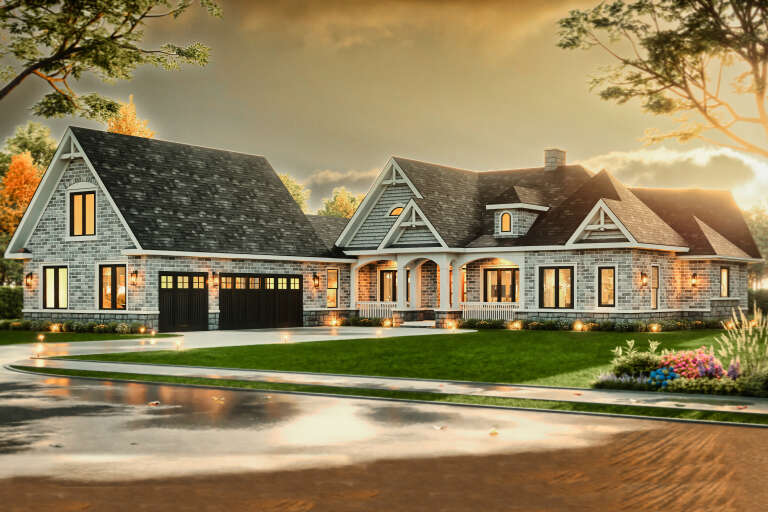 House Plan House Plan #20301 Angled Front Elevation at Dusk