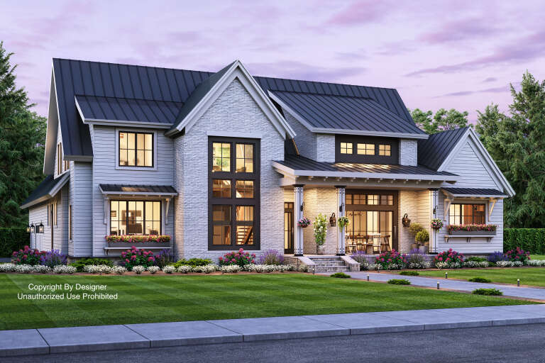 House Plan House Plan #20396 Angled Front Elevation at Dusk