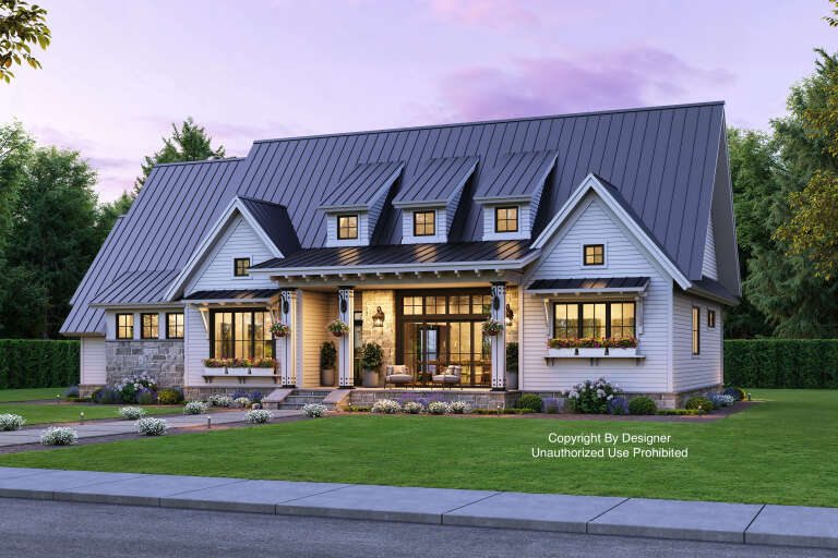 House Plan House Plan #20397 Angled Front Elevation at Dusk