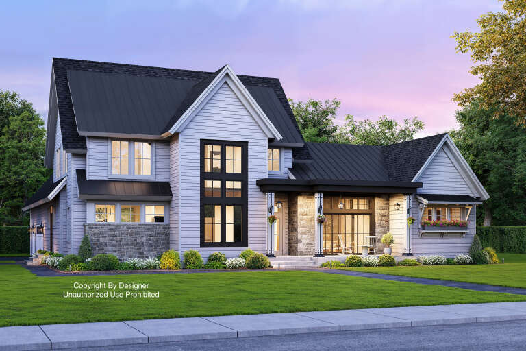 House Plan House Plan #20399 Angled Front Elevation at Dusk