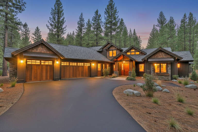 House Plan House Plan #20600 Angled Front Elevation at Dusk