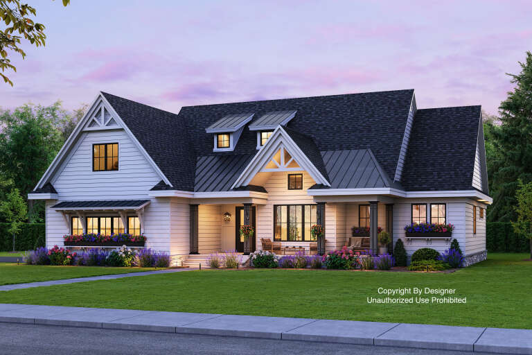 House Plan House Plan #20632 Angled Front Elevation at Dusk