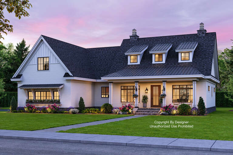 House Plan House Plan #20633 Angled Front Elevation at Dusk
