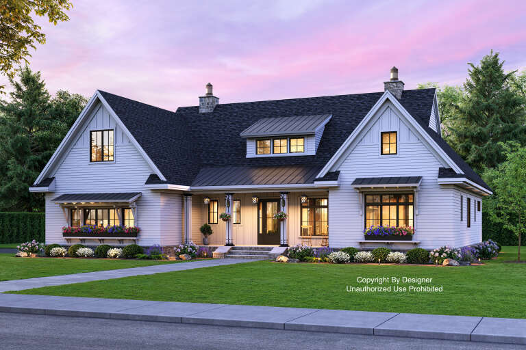 House Plan House Plan #20635 Angled Front Elevation at Dusk