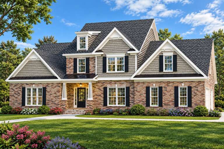 Front view of a brick and shingle Southern house, gabled roof, black shutters, dormers, and landscaped front yard. House Plan # 009-00005
