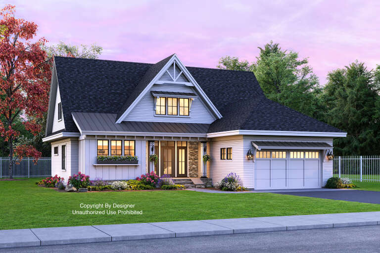 House Plan House Plan #21101 Angled Front Elevation at Dusk