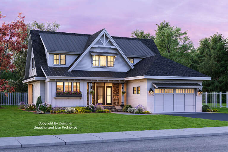 House Plan House Plan #21140 Angled Front Elevation at Dusk