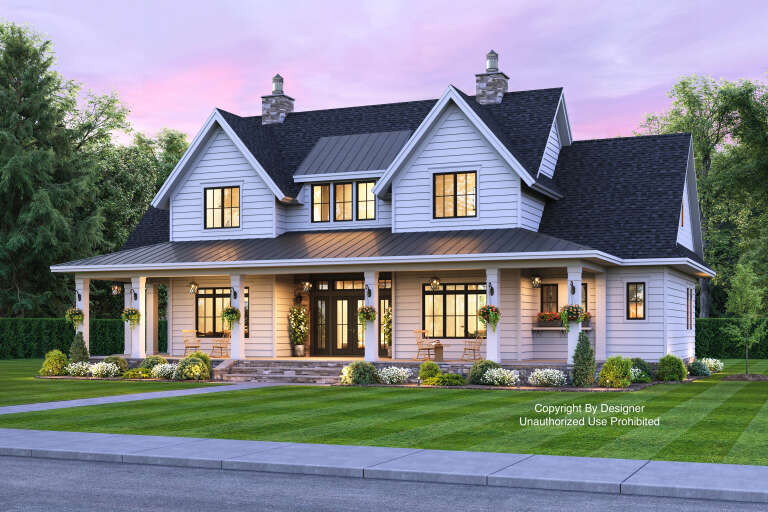 House Plan House Plan #23227 Angled Front Elevation at Dusk