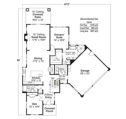 Main Floor w/ Basement Stair Location for House Plan #035-00844