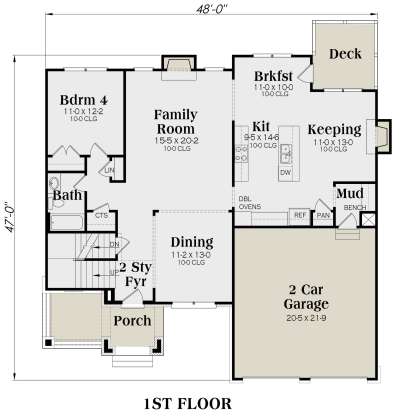 Main floor with 2-car garage, 2-story foyer, porch, dining, family room, kitchen, keeping room, breakfast, and 1 BR/BA. House Plan # 009-00280 Main Floor Floor Plan Drawing by America's Best House Plans, Inc.