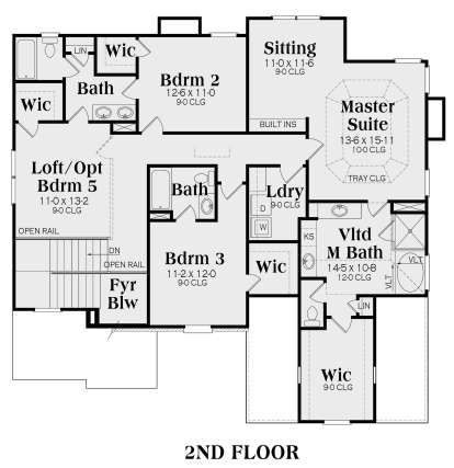 Upper level with master suite, sitting area, vaulted bath, 2 beds, loft/opt bed 5, shared bath, WIC, and laundry. House Plan # 009-00280 Second Floor Floor Plan Drawing by America's Best House Plans, Inc.