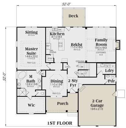 1st floor with Master Suite, sitting room, kitchen, family room, dining, 2-car garage, porch, deck, and laundry. House Plan # 009-00287 Main Floor Floor Plan Drawing by America's Best House Plans, Inc.