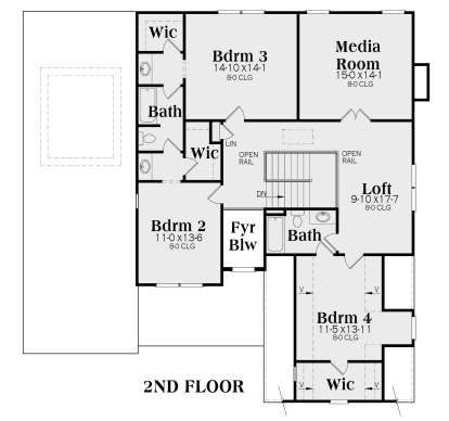 2nd floor with 3 beds, 2 baths, media room, loft, WIC, and open-to-below foyer. House Plan # 009-00287 Second Floor Floor Plan Drawing by America's Best House Plans, Inc.