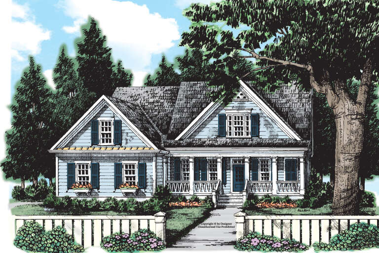 Front elevation line drawing of a blue Country house, covered porch, gabled roof, window boxes, and picket fence. House Plan # 8594-00354