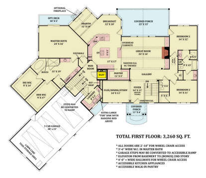 Main Floor: 2BR, 2BA, Great Room, Flex, Kitchen, Brkfst, Hearth, Ldry, Pantry, 3-car garage, 2 Porches, Deck, Elevator. House Plan # 4195-00034 Main Floor Floor Plan Drawing by America's Best House Plans, Inc.