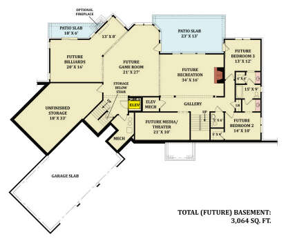 Basement: 2BR, 1BA, Billiards, Game, Recreation, Media, Gallery, Elevator, Stairs, Fireplace, 2 Patios, Unfinished Storage. House Plan # 4195-00034 Basement Floor Plan Drawing by America's Best House Plans, Inc.