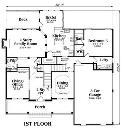 Main level with 2-story family room, kitchen, breakfast area, dining, living/office, 1 bed, 1 bath, Ldry, 3-car garage. House Plan # 009-00008 Main Floor Floor Plan Drawing by America's Best House Plans, Inc.