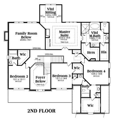 Upper level with master suite, sitting area, 3 beds, 2 baths, WICs, open-to-below family room and foyer. House Plan # 009-00008 Second Floor Floor Plan Drawing by America's Best House Plans, Inc.