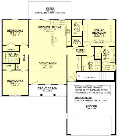 Main Floor w/ Basement Stairs: 3BR, 2BA, Great Room, Kitchen/Dining, Ldry, 2-car garage, Patio, Porch. Tray ceiling, WIC. House Plan # 041-00211 Main Floor w/ Basement Stairs Location Floor Plan Drawing by America's Best House Plans, Inc.
