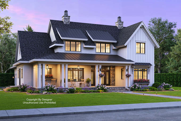 House Plan House Plan #24190 Angled Front Elevation at Dusk