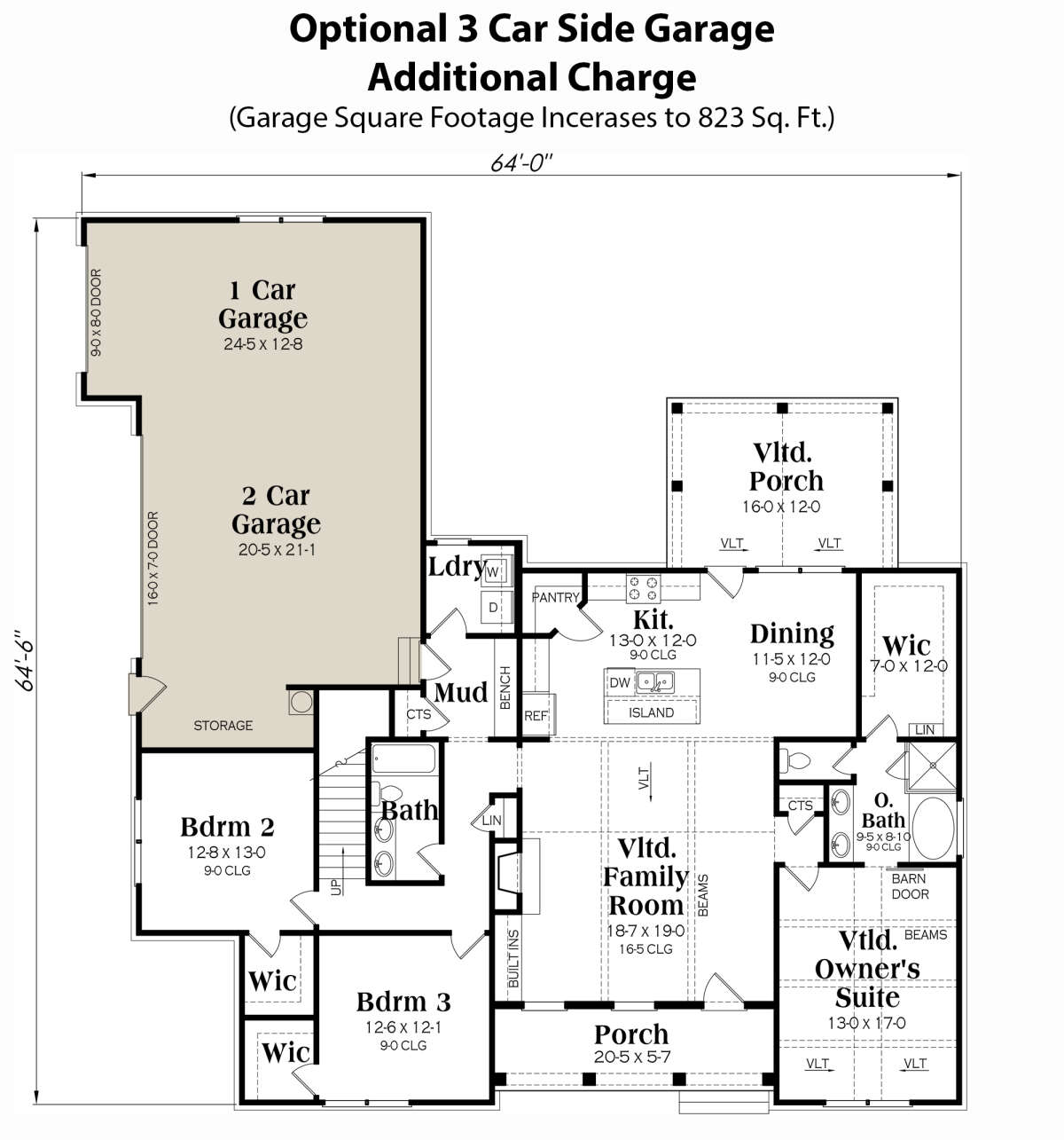 Main Floor w/ 3 Car Side Garage Option for House Plan #009-00292