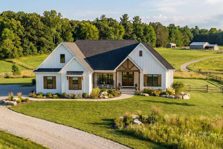 White Modern Farmhouse, Front Elevation with vertical siding, timber porch trusses, wood shutters, and stone landscaping. House Plan # 963-00409 Digital Rendering by America's Best House Plans, Inc.