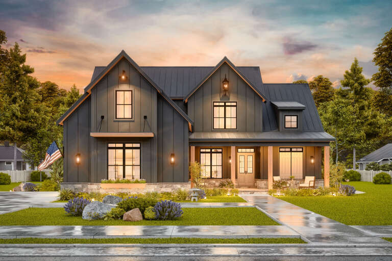 House Plan House Plan #24639 Front Elevation at Dusk