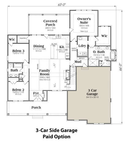 3 Car Side Garage Option for House Plan #009-00294