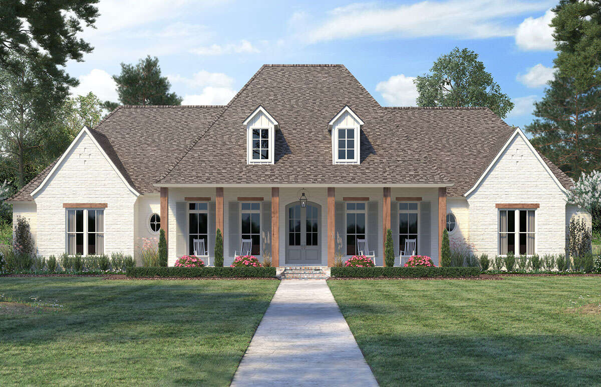 House Plan 4534-00036 - French Country Plan: 3,273 Square Feet, 4 Bedrooms, 3.5 Bathrooms House Plan 4534-00036 offers a stunning French Country design with 3,273 square feet of living space, 4 bedrooms, and 3.5 bathrooms. The exterior features charming details such as a steeply pitched roof, arched windows, and decorative shutters, while the interior boasts a spacious open floor plan perfect for entertaining and family gatherings.
