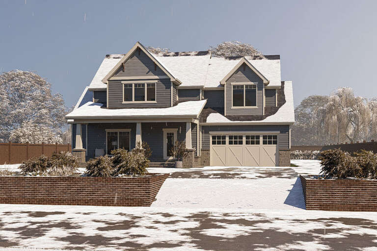 House Plan House Plan #24800 Angled Front Elevation in Winter