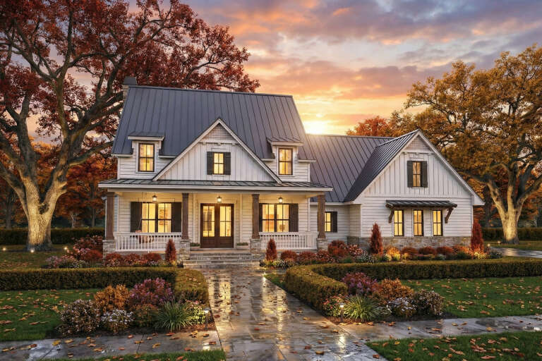 House Plan House Plan #24874 Angled Front Elevation at Dusk