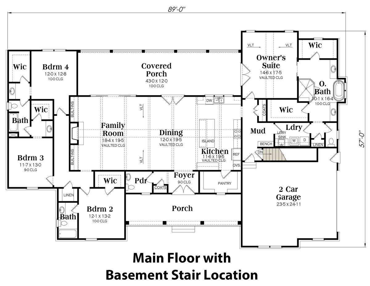 Main Floor w/ Basement Stair Location for House Plan #009-00296