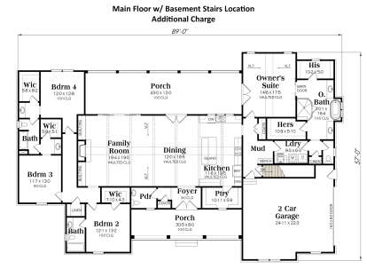 4BR, 3BA main level with basement stairs, open living area, vaulted ceilings, porches, and 2-car garage. House Plan # 009-00296 Main Floor w/ Basement Stairs Location Floor Plan Drawing by America's Best House Plans, Inc.