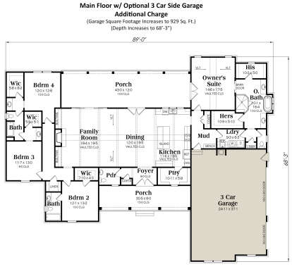 4BR, 3BA main level with open living area, vaulted ceilings, porches, and 3-car side-entry garage. House Plan # 009-00296 Main Floor w/ 3-Car Garage Option Floor Plan Drawing by America's Best House Plans, Inc.