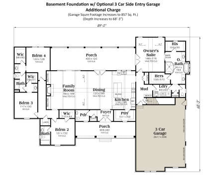 Basement foundation with 4BR, 3BA main level layout, vaulted ceilings, porches, and 3-car side-entry garage. House Plan # 009-00296 Basement Foundation w/ Optional 3 Car Garage Floor Plan Drawing by America's Best House Plans, Inc.