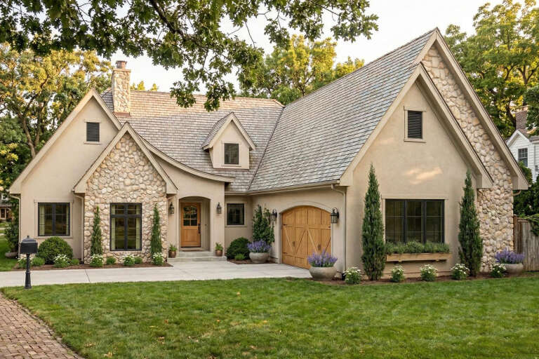 Beige French Country, Front Elevation with stone accents, wood garage, arched entry, dark fixtures, and manicured lawn. House Plan # 963-00468 Digital Rendering by America's Best House Plans, Inc.